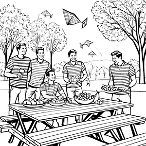 Picknick im Park: Männer in gestreiften Hemden malen