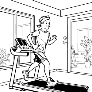 Der sportliche Junge auf dem Laufband im Fitnessraum Ausmalbild fuer kleine Entdecker