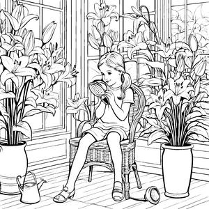 Das kleine Mädchen im Garten der Lilien Ausmalbild fuer kleine Entdecker