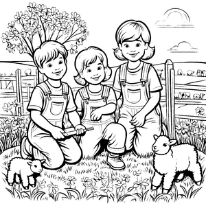 Kinder auf der Blumenwiese mit kleinen Lämmern