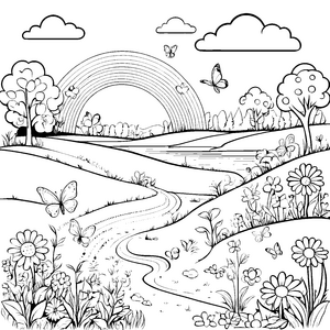 Bunte Regenbogen über der idyllischen Wiesenlandschaft zum Ausmalen