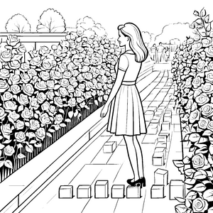 Die junge Dame im blühenden Rosengarten