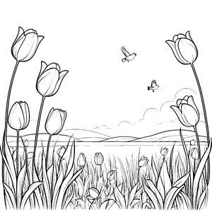 Frühlingszauber im Tulpenfeld mit fliegenden Vögeln