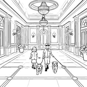 Ein Spaziergang mit Hunden in der prunkvollen Hotelhalle
