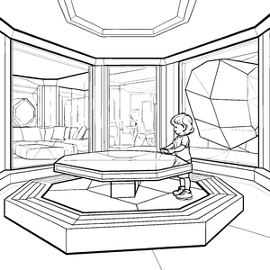 Mal das futuristische Tischzimmer mit dem Kind