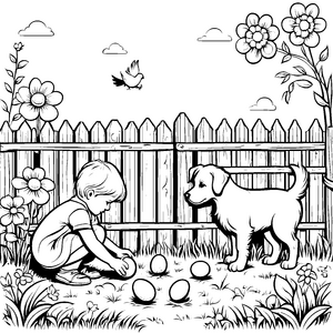 Eier sammeln mit dem Hund am Zaun im Frühling