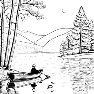 Ruderboot auf dem See mit Enten und Hügeln zum Ausmalen