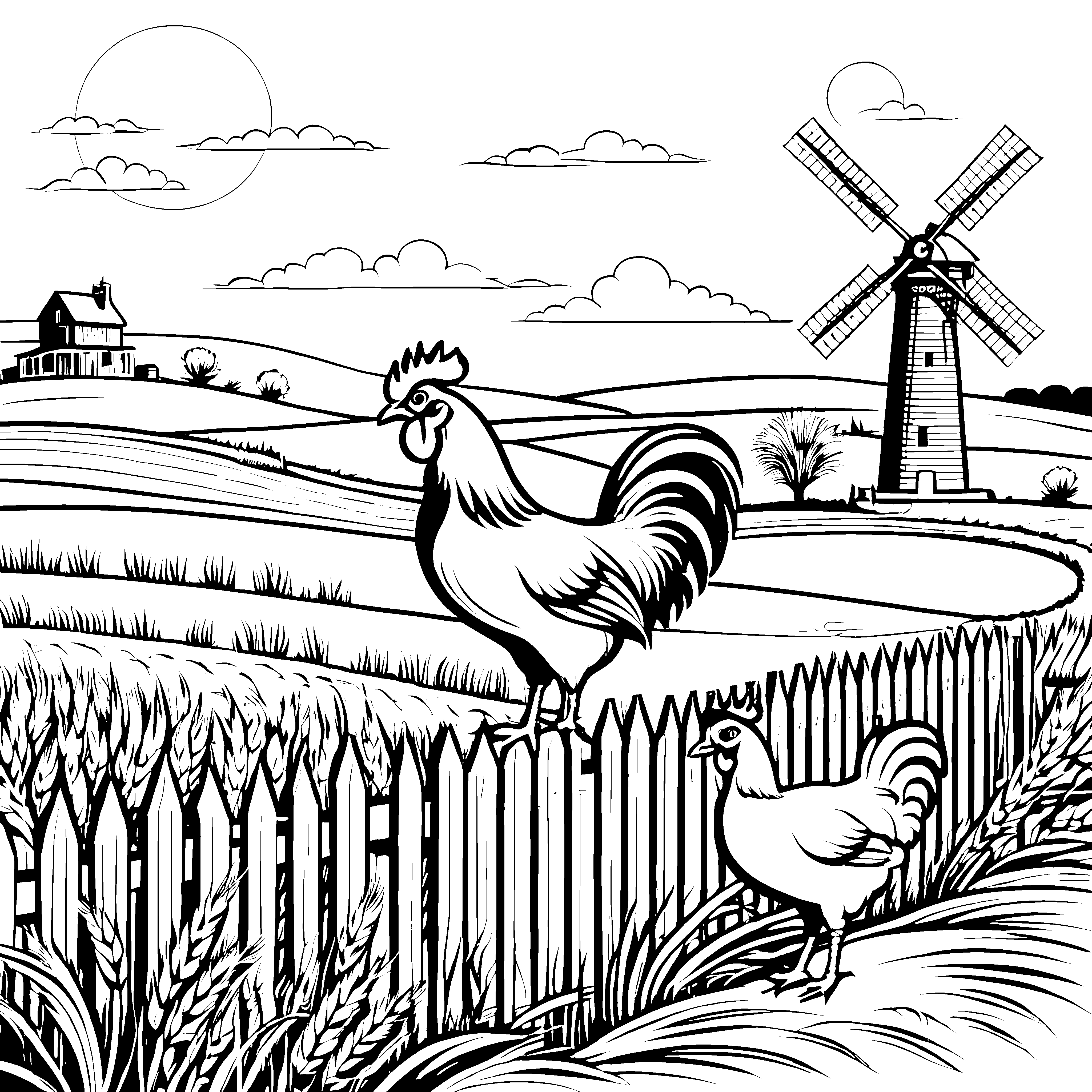 Hähne auf dem Zaun bei der Windmühle zum Ausmalen