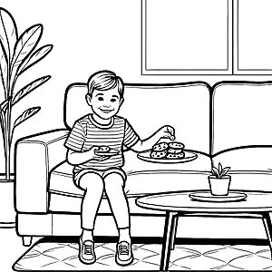 Kekse auf dem Couchtisch genießen – Ausmalbild fuer kleine Entdecker