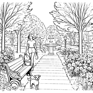 Spaziergang im Park: Frau mit Hund am Brunnen malen zum Ausdrucken