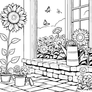 Malspaß bei den blühenden Blumenkübeln mit Sonnenblumen und Schmetterlingen
