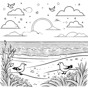 Möwen am Strand unter Regenbogen und Sternen Ausmalbild fuer kleine Entdecker