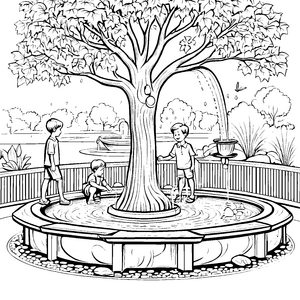Kinder am Springbrunnen: Ein großes Ausmalbild mit Spielspaß
