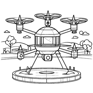 Mein großer Quadrocopter Ausmalbild mit Wolken und Bäumen