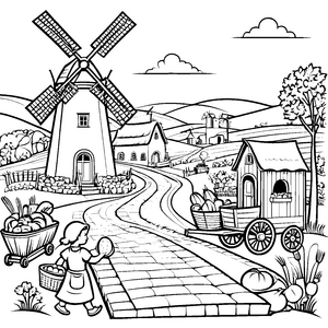 Malen mit der Windmühle im ländlichen Dorfweg