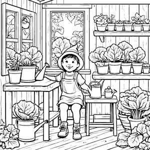 Das Kind im Gartenhaus mit vielen Wirsingen - Ausmalbild fuer kleine Entdecker