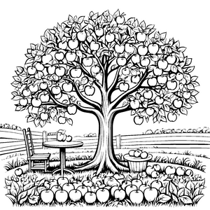 Der große Apfelbaum mit Tisch und Korb - Ausmalbild fuer kleine Entdecker