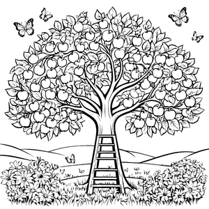 Der große Apfelbaum mit Leiter und Schmetterlingen Ausmalbild fuer kleine Entdecker