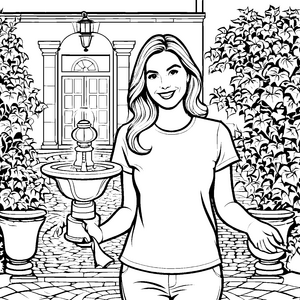 Malvorlage: Frau am Brunnen im grünen Garten malen