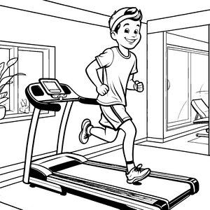 Der Junge trainiert auf dem Laufband im Fitnessstudio – Ausmalbild fuer kleine Entdecker