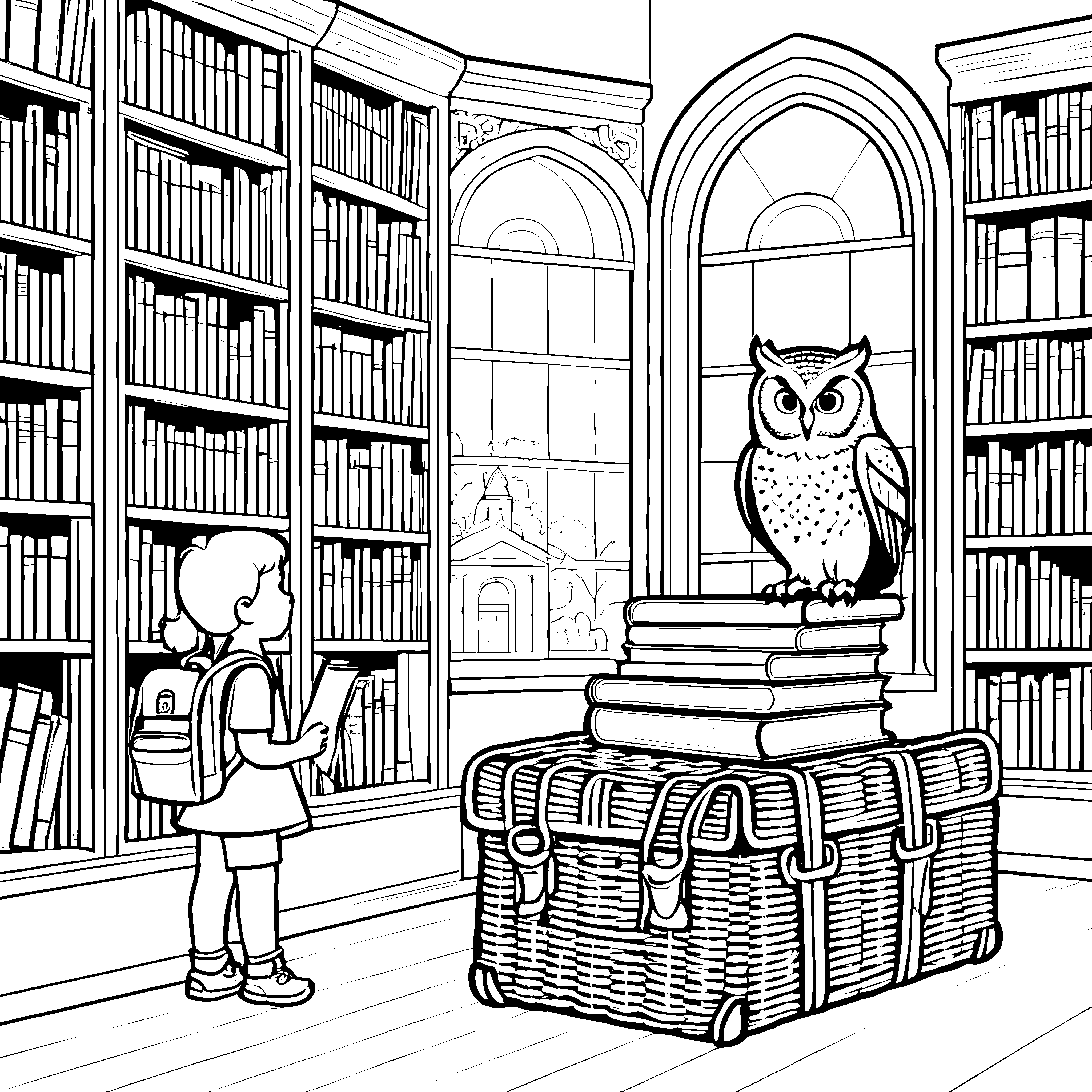 Das kleine Mädchen liest in der großen Bibliothek - Ausmalbild fuer kleine Entdecker