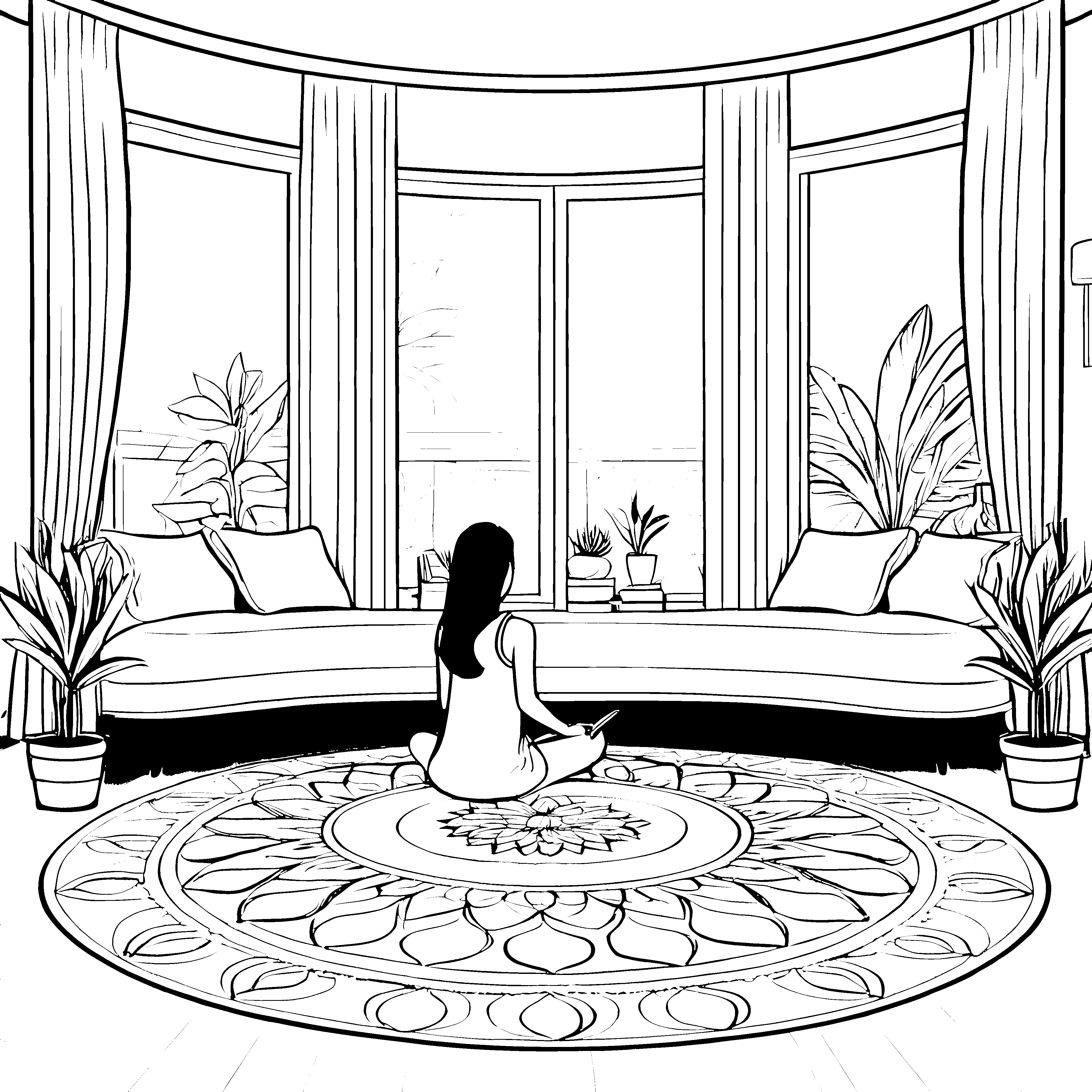 Mandala Ruhe: Ein Ausmalbild mit sitzender Figur und Pflanzen