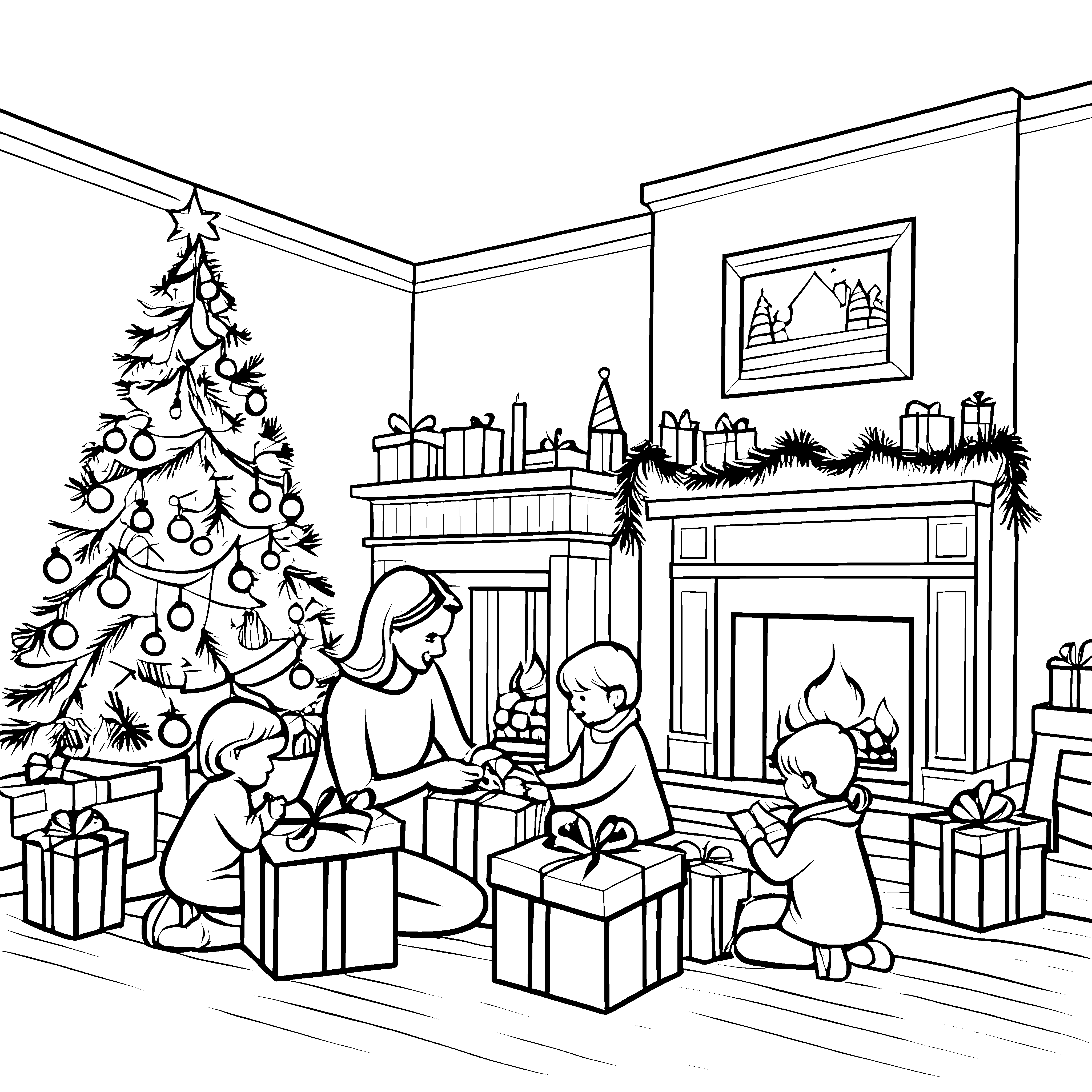 Weihnachtsgeschenke malen: Festliche Familienfeier vor dem Weihnachtsbaum