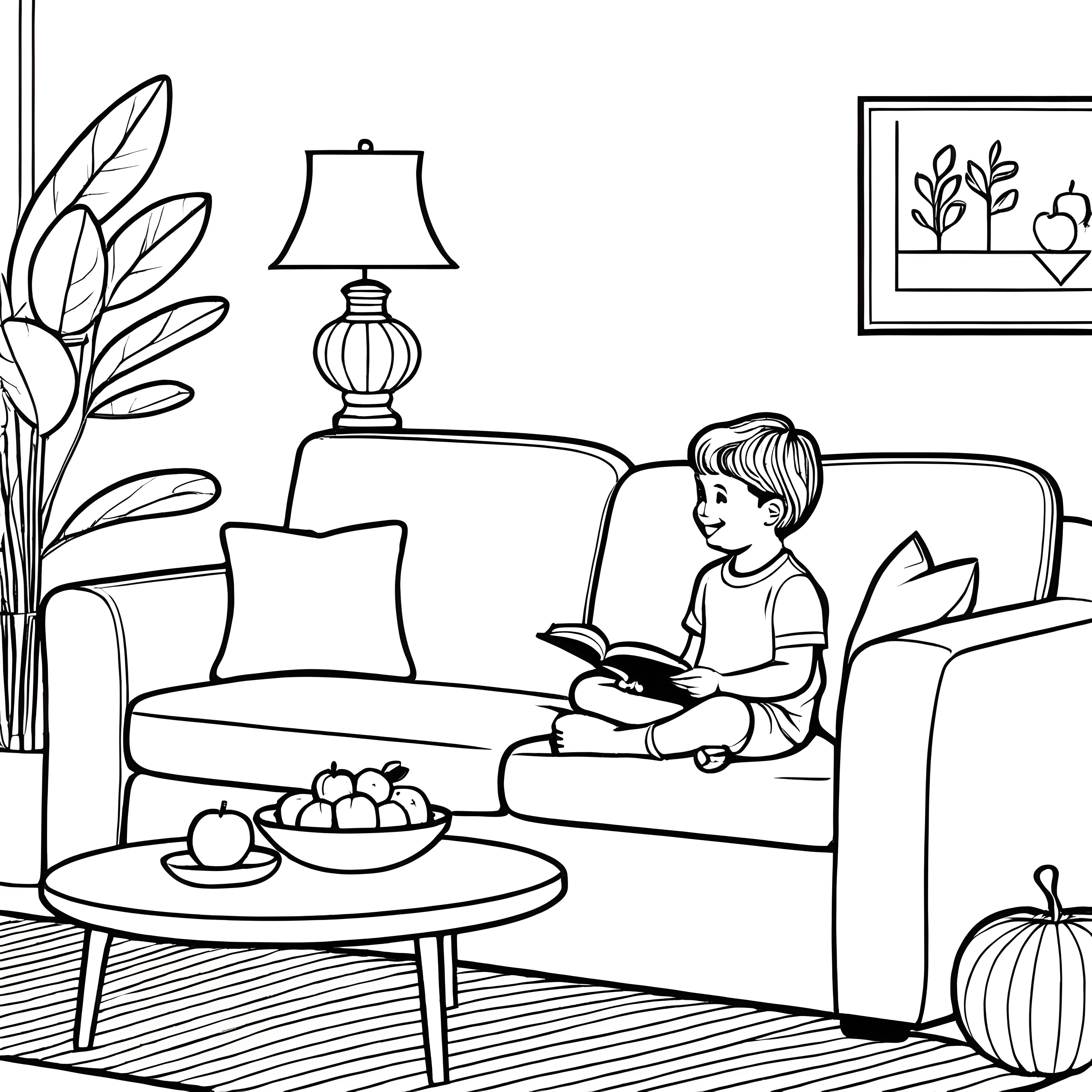 Der Junge liest auf dem Sofa am runden Couchtisch: Ausmalbild fuer kleine Entdecker