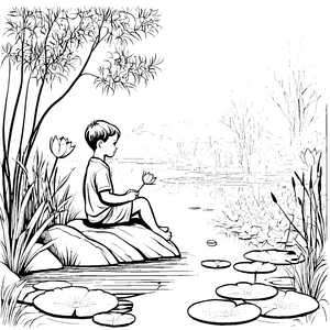 Der Junge beim Malen wunderschöner Lotusblüten am Teichufer