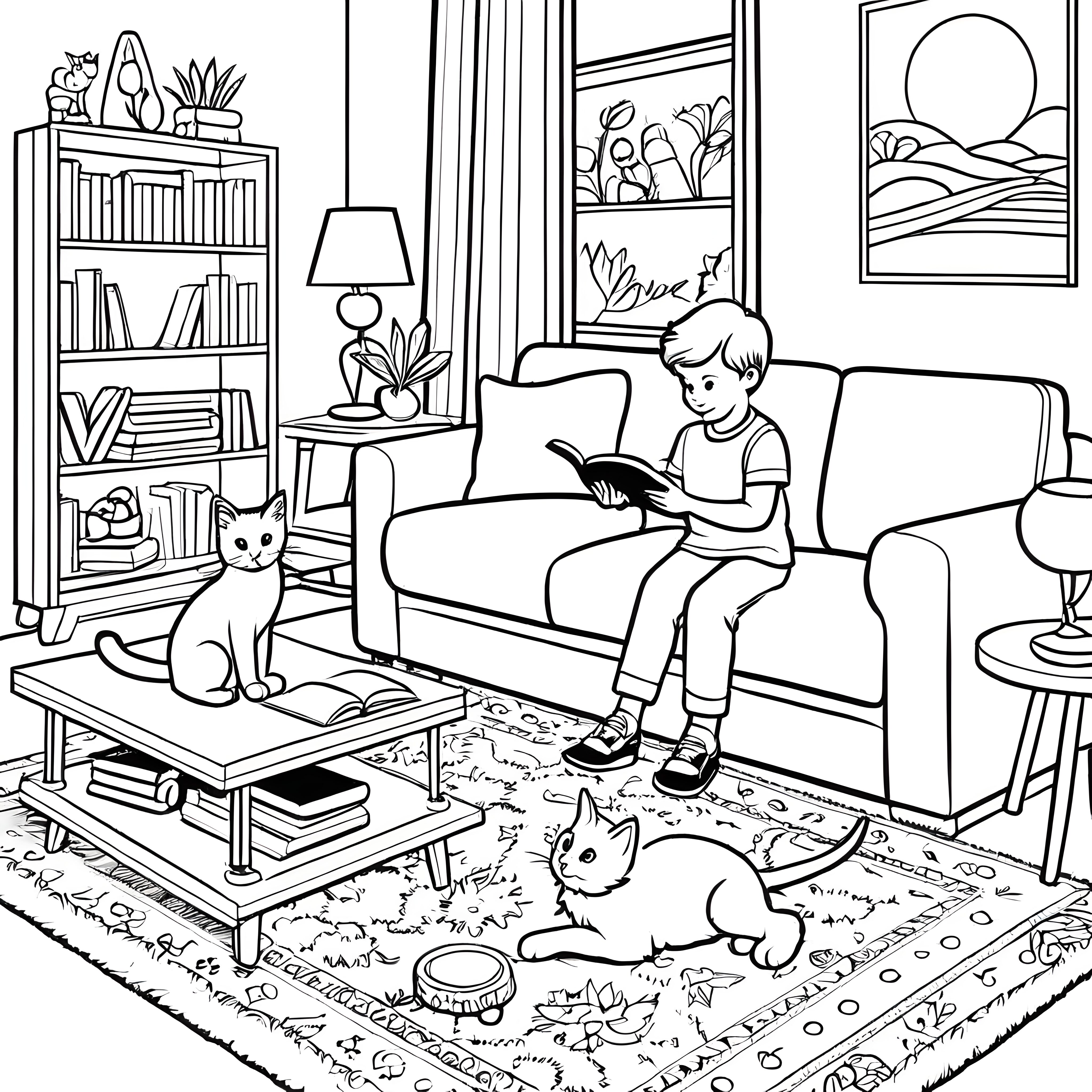 Lesestunde mit Katze auf dem Couchtisch - Ausmalbild fuer kleine Tierfreunde
