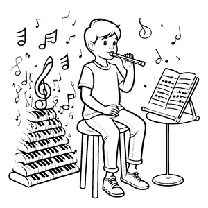 Der kleine Flötist spielt Musik mit Noten – Ausmalbild fuer kleine Entdecker