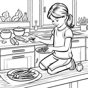Das kleine Mädchen beim Okra schneiden in der Küche