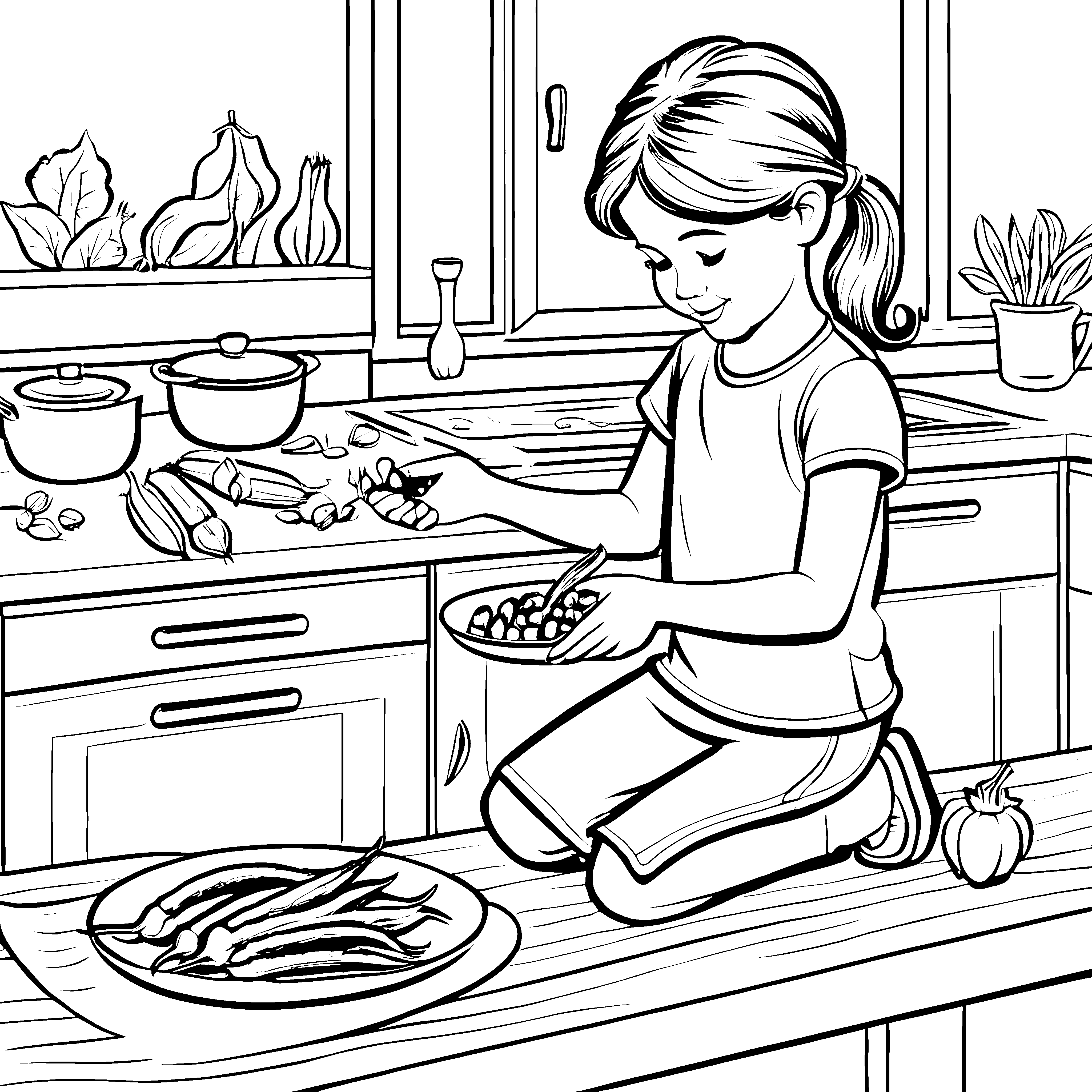 Das kleine Mädchen beim Okra schneiden in der Küche