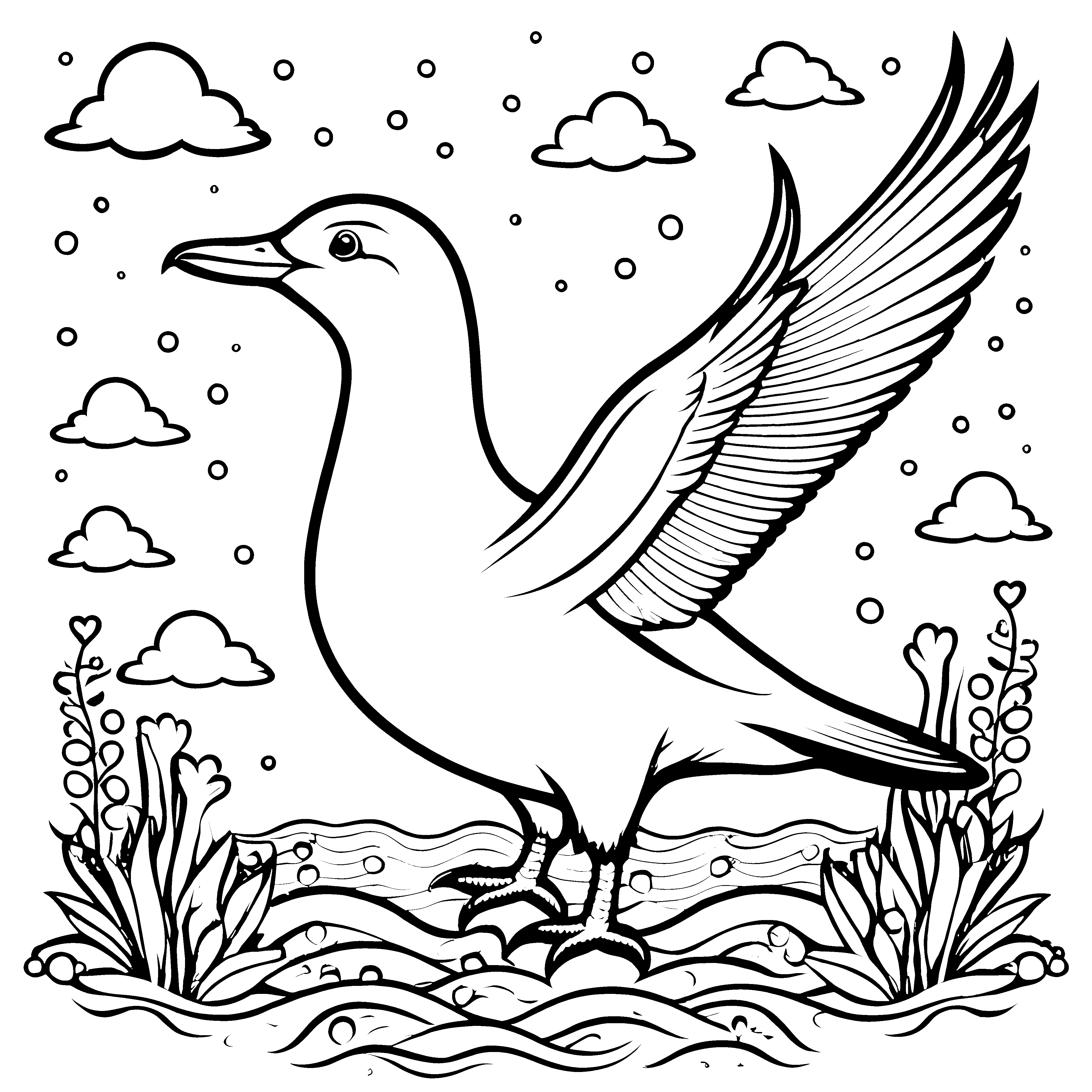 Die stolze Möwe am glitzernden Wasser - Ausmalbild fuer kleine Tierfreunde