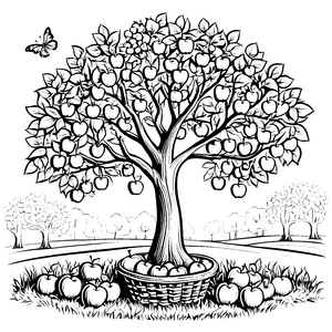 Der große Apfelbaum mit Korb und Schmetterling Ausmalbild fuer kleine Entdecker