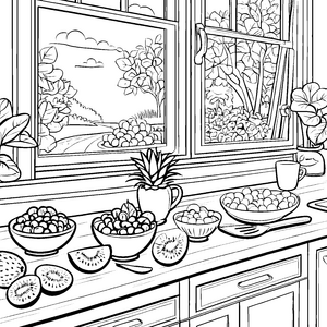 Kiwis und tropische Früchte in der Küche zum Ausmalen