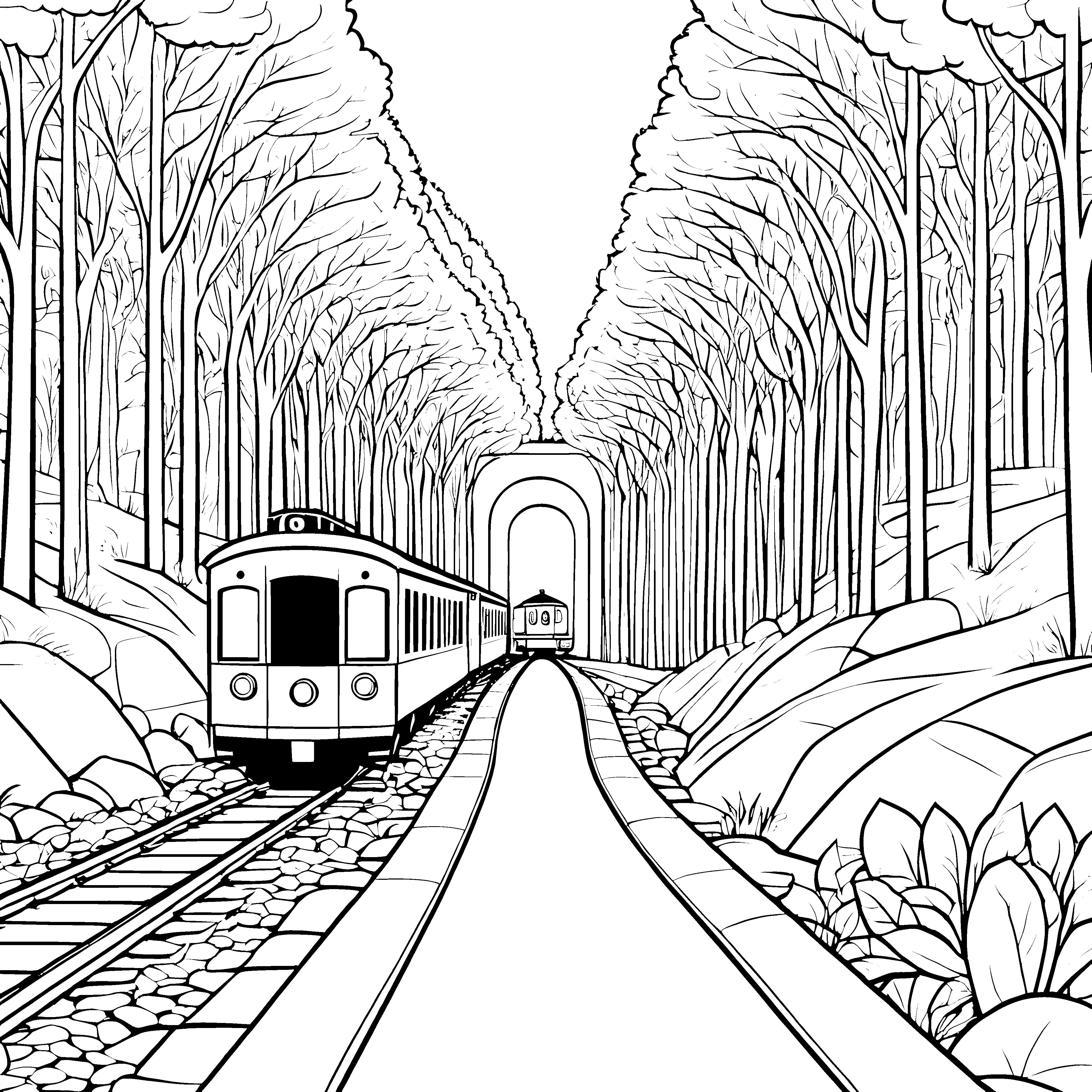 Zug durch den Waldtunnel: Ein spannendes Ausmalbild für Kinder