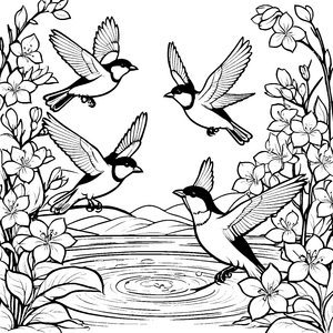 Vögel und Blumen am Wasser malen