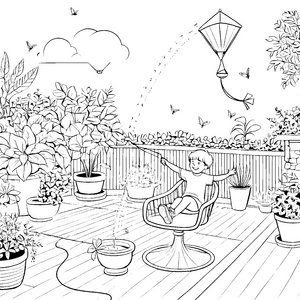 Der Drehstuhl auf der Terrasse mit Schmetterlingen und Blumen