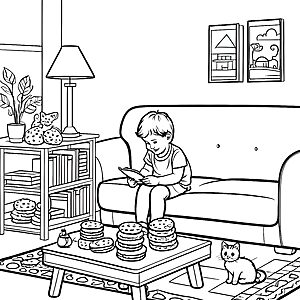 Der Junge liest auf dem Sofa am Couchtisch: Ausmalbild fuer kleine Tierfreunde