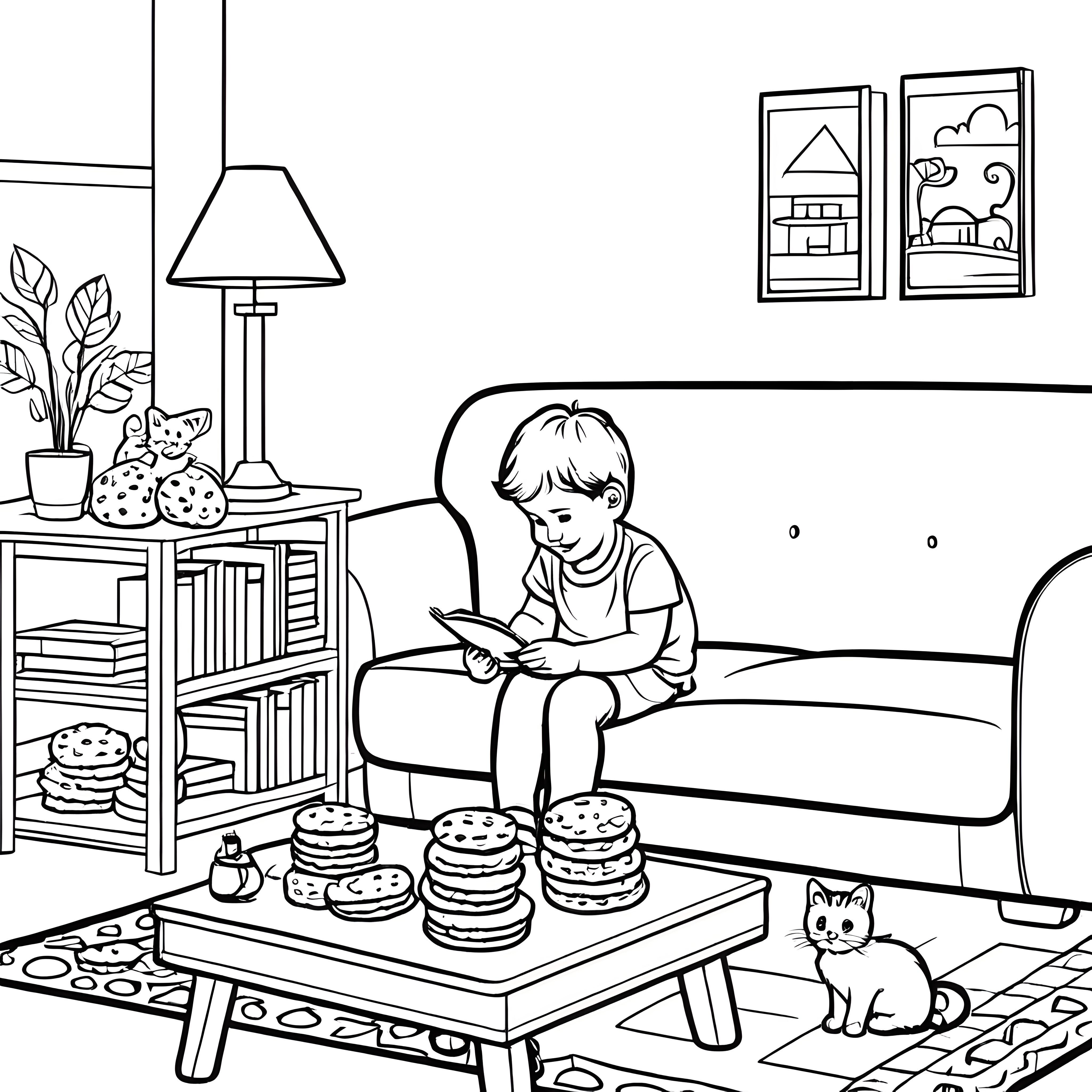 Der Junge liest auf dem Sofa am Couchtisch: Ausmalbild fuer kleine Tierfreunde
