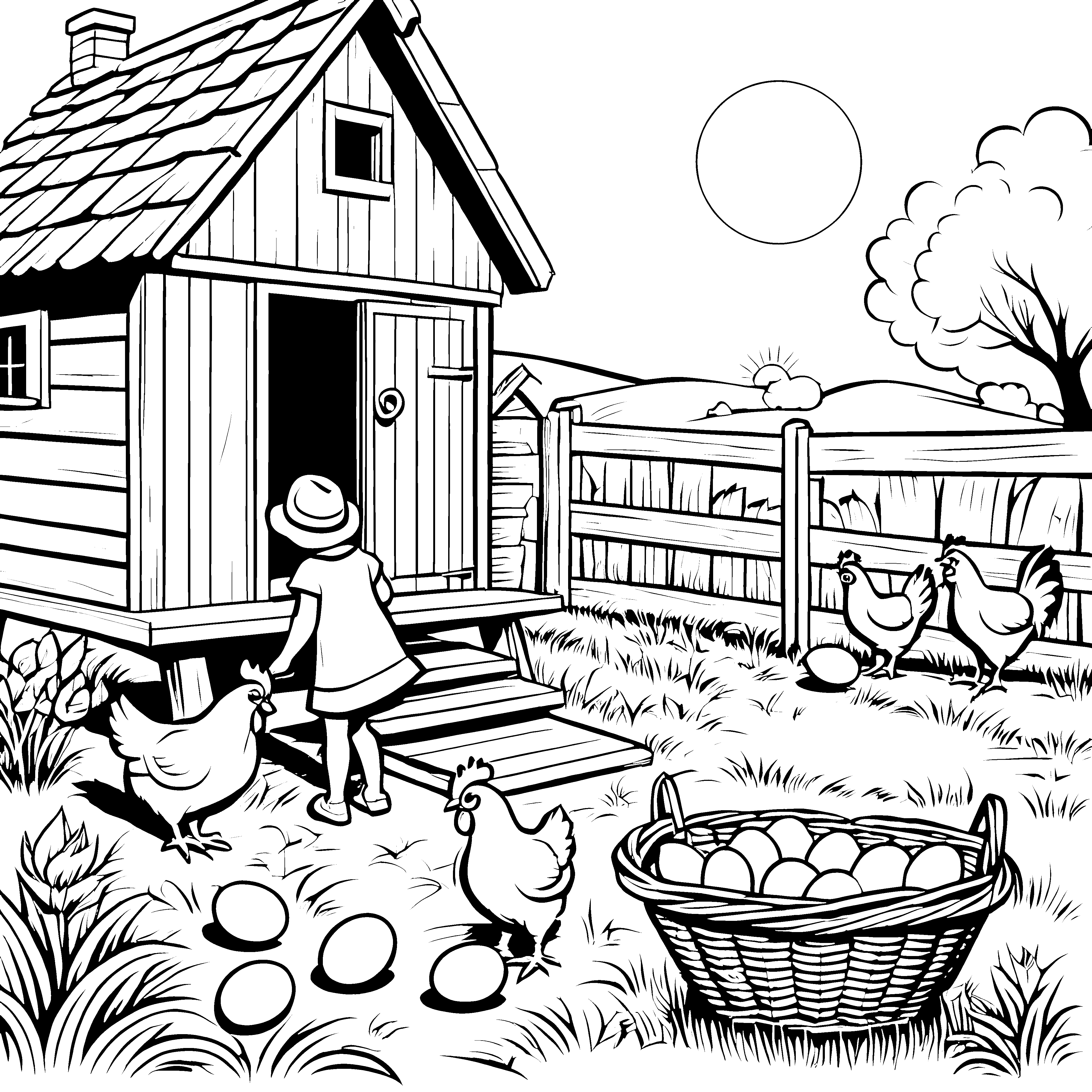 Eier sammeln im Bauernhof: Ein lustiges Ausmalbild für Kinder