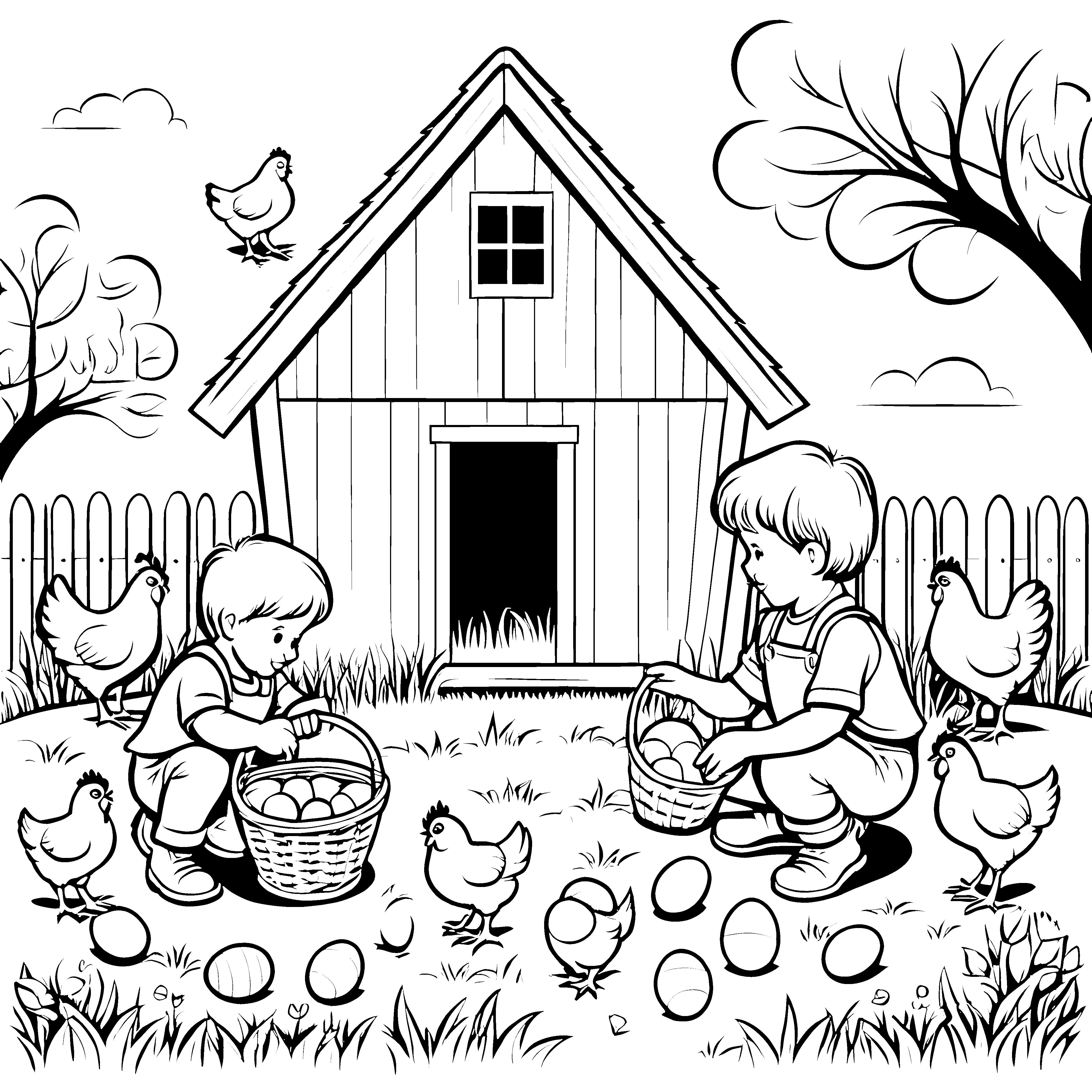 Die Kinder sammeln die Küken-Eier vor dem Bauernhof