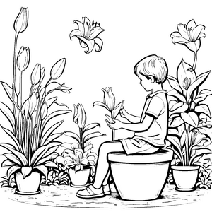 Der Junge mit den vielen Lilien im Garten Ausmalbild fuer kleine Entdecker