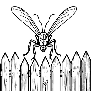 Die große Grille auf dem Holzzaun mit Herz – Ausmalbild fuer kleine Entdecker
