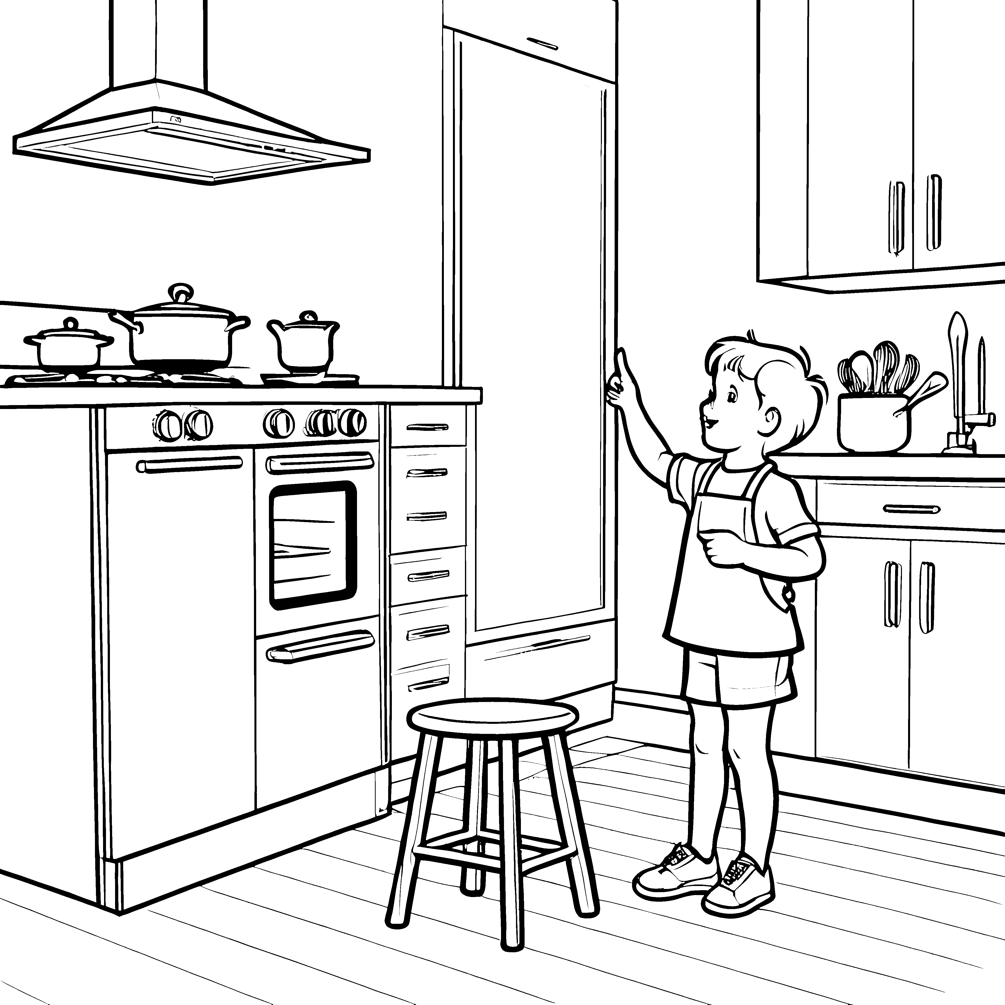 Der kleine Junge in der Küche mit Dunstabzugshaube Ausmalbild fuer kleine Entdecker