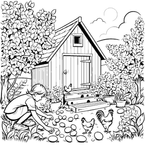 Eier sammeln im Garten: Ein Bauernhofabenteuer für Kinder zum Ausmalen