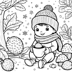 Ein Kind mit Litschis im winterlichen Schnee – Ausmalbild fuer kleine Entdecker