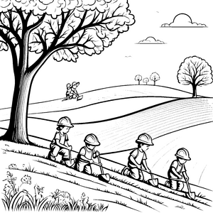 Kinder graben Gräben in der offenen Landschaft mit dem Baum