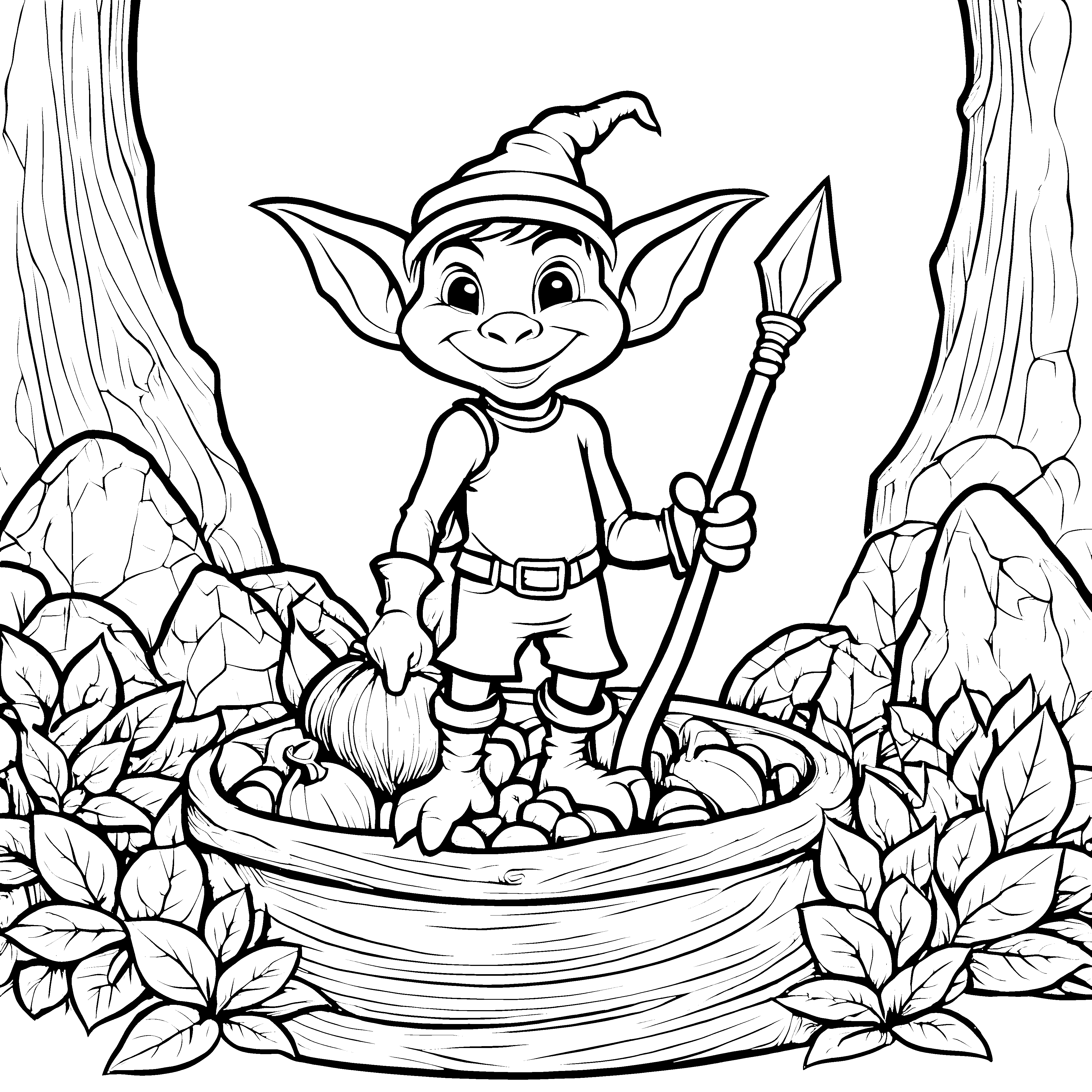 Der kleine Goblin im Bottich voller Goldschätze - Ausmalbild fuer kleine Entdecker